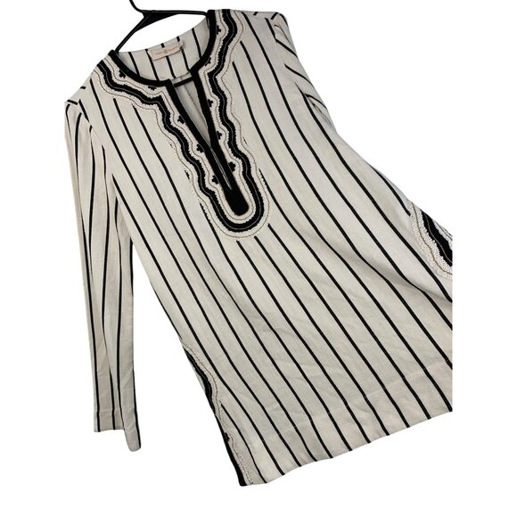 Tory Burch Filipa Slub Stripe Embroider Tunic Top white & Black Size 4 - Picture 6 of 8